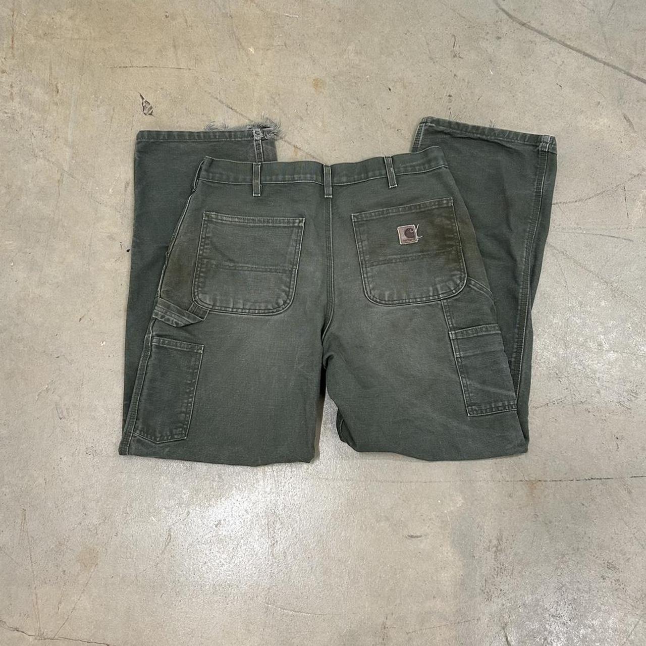 Vintage Carhartt Army Green Canvas Pants – Size 33x32 – Heel Drag, Paint Stain, Faded Patch – Okay Condition
