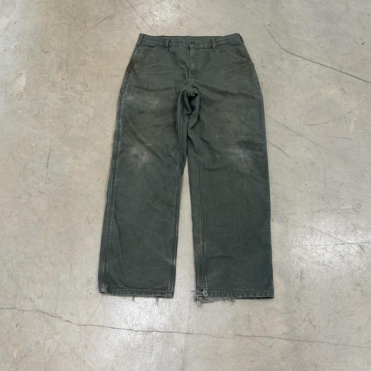 Vintage Carhartt Army Green Canvas Pants – Size 33x32 – Heel Drag, Paint Stain, Faded Patch – Okay Condition