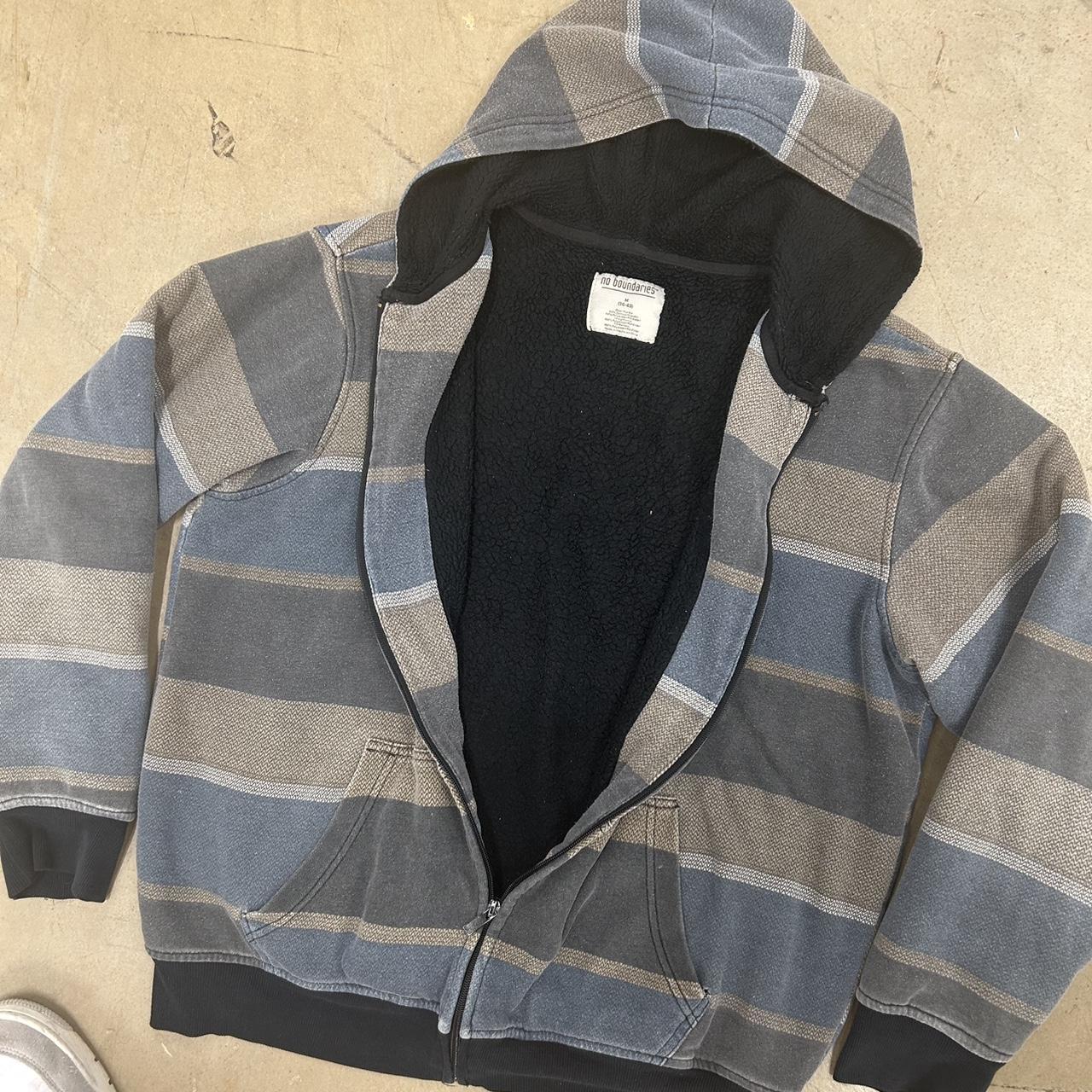 No Boundaries Fur-Lined Y2K Striped Hoodie – Size M, Great Condition, Two Small Holes Shown