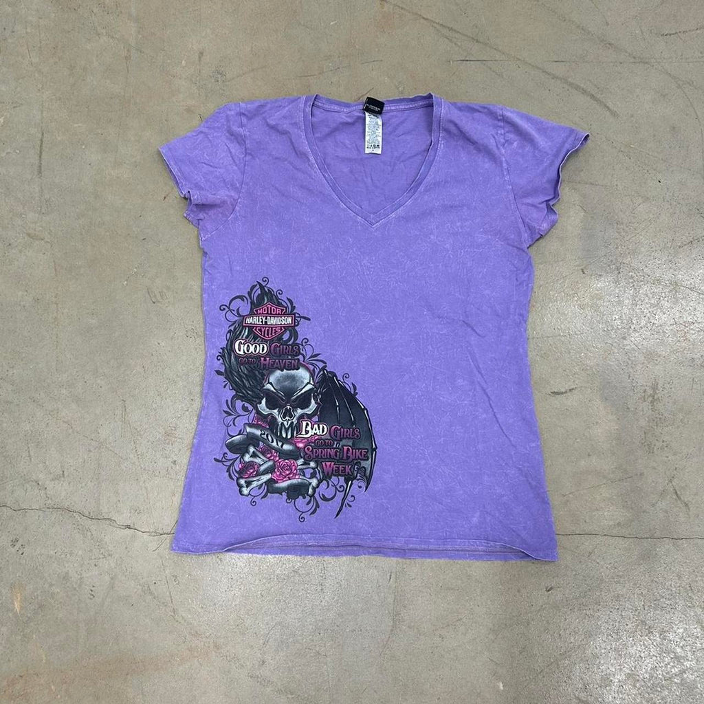 Y2K Purple Harley-Davidson V-Neck Bike Week Shirt – Size L, Great Condition