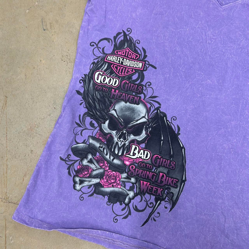 Y2K Purple Harley-Davidson V-Neck Bike Week Shirt – Size L, Great Condition