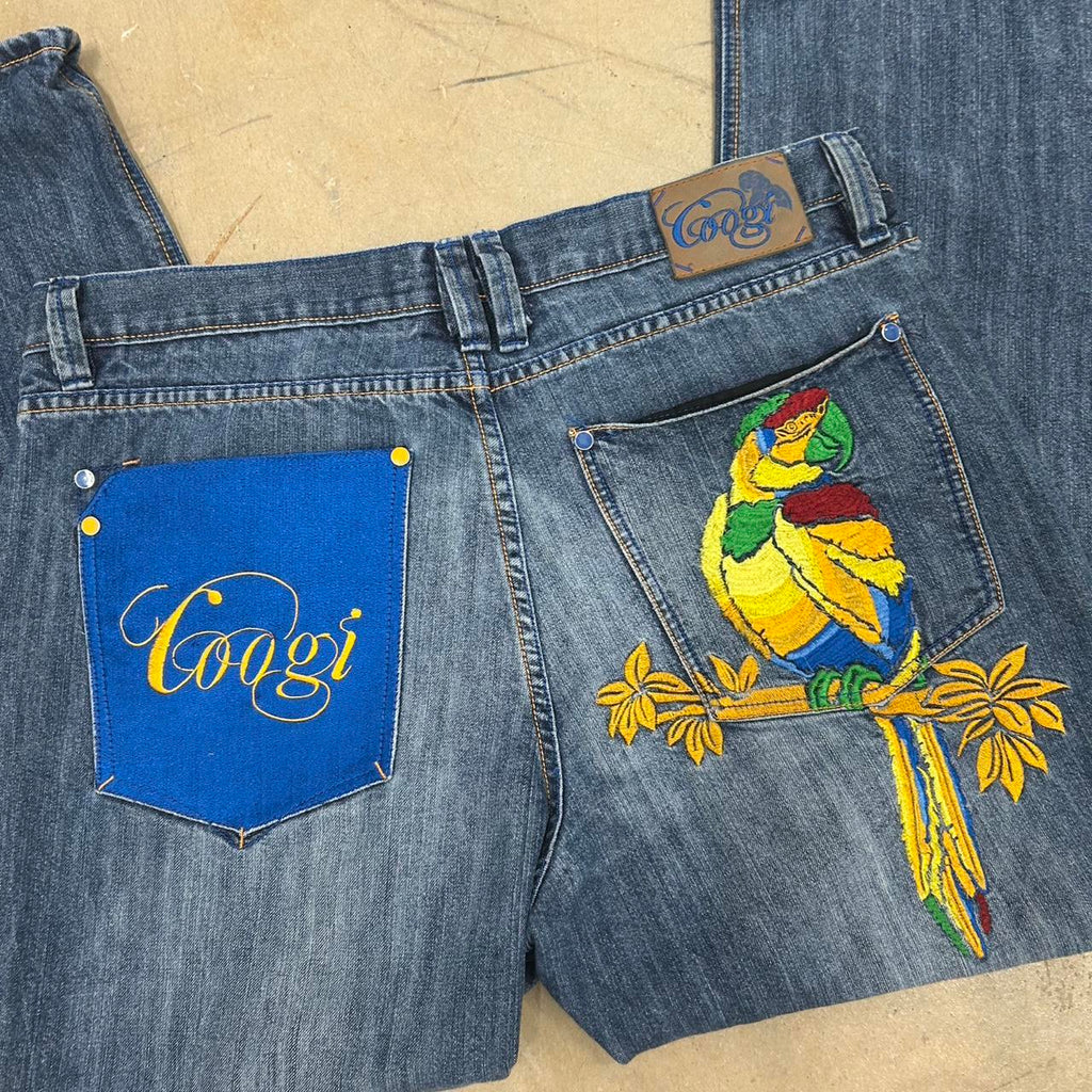 Y2K Coogi Embroidered Parrot Jeans – Size 40x34, Great Condition