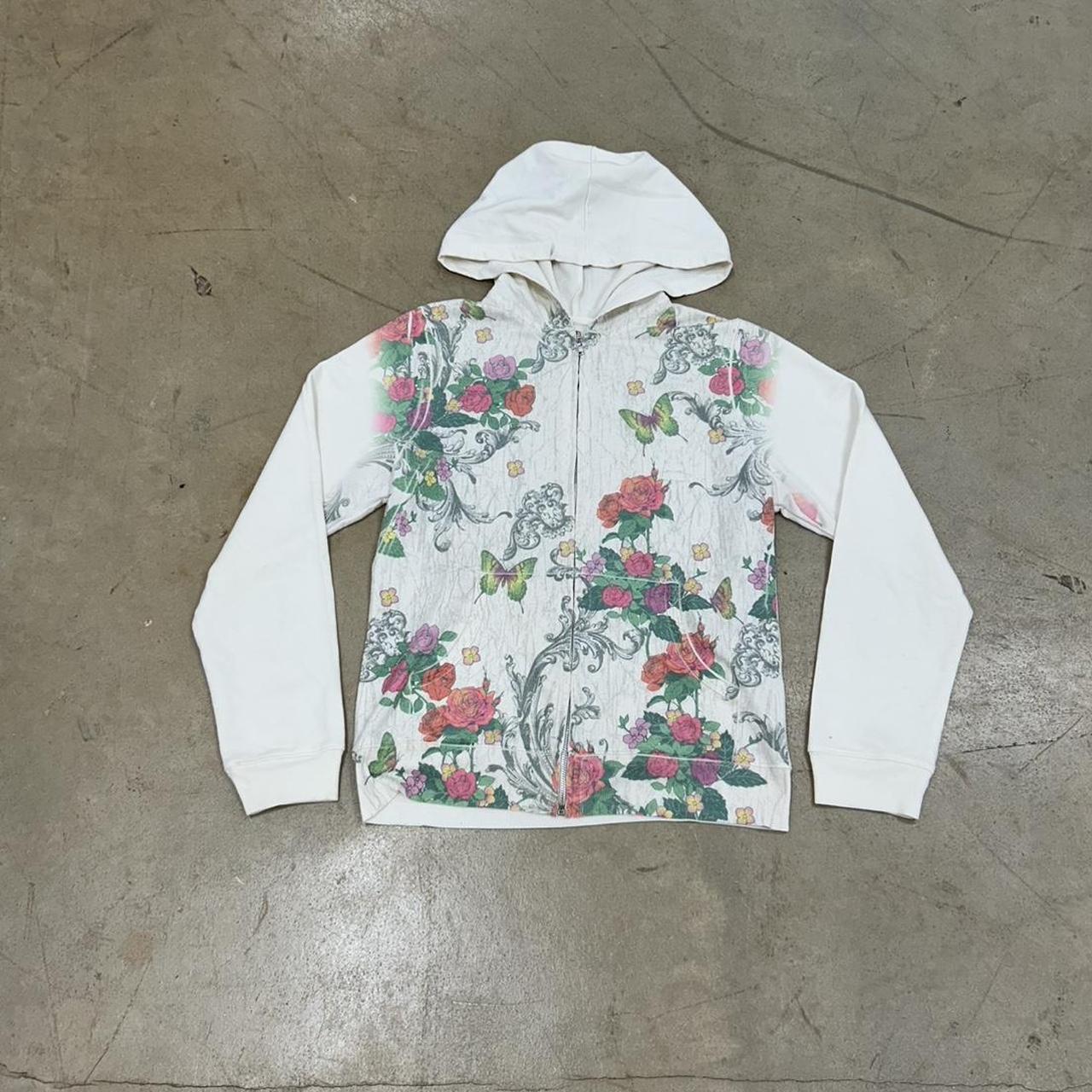 Vintage Floral White Y2K Zip-Up Hoodie – Size L, Great Condition