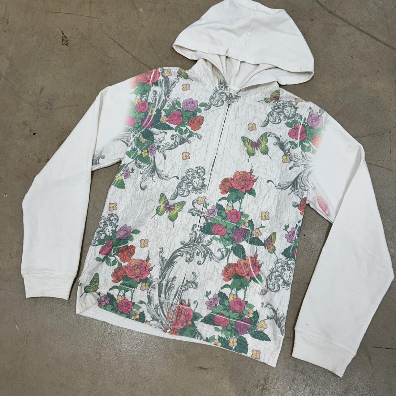 Vintage Floral White Y2K Zip-Up Hoodie – Size L, Great Condition
